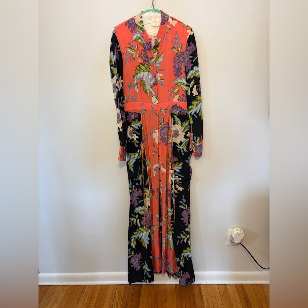 Diane Von Furstenberg Coral and Black Floral Long Sleeve Dress